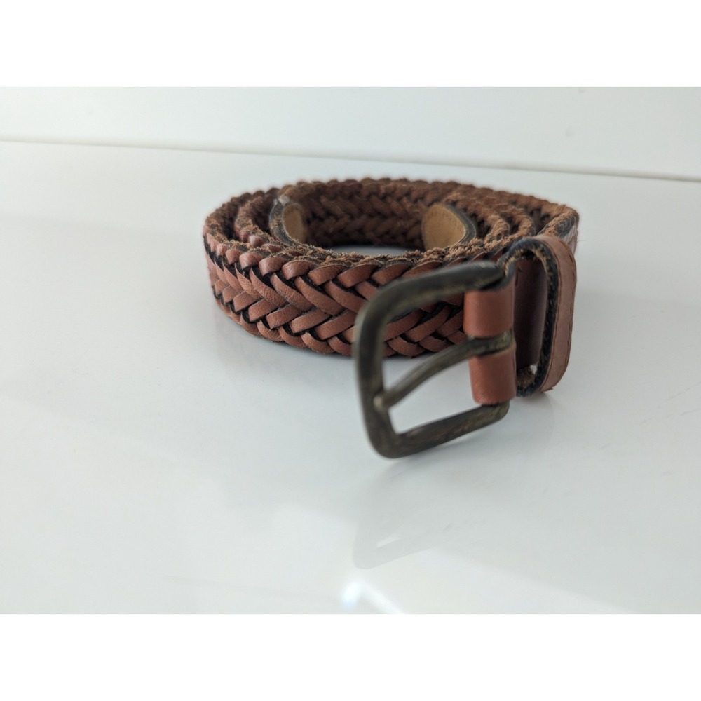 Vintage Leather Braided Belt Mens Size 36" Orange Brown Metal